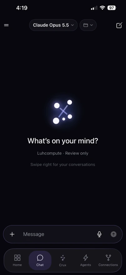 A new chat on iPhone with Claude Opus 5.5 selected, running on the Windows PC in review-only mode.