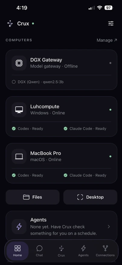Crux home screen on iPhone: a DGX model gateway, a Windows PC and a MacBook Pro, with Codex and Claude Code ready on each online computer.